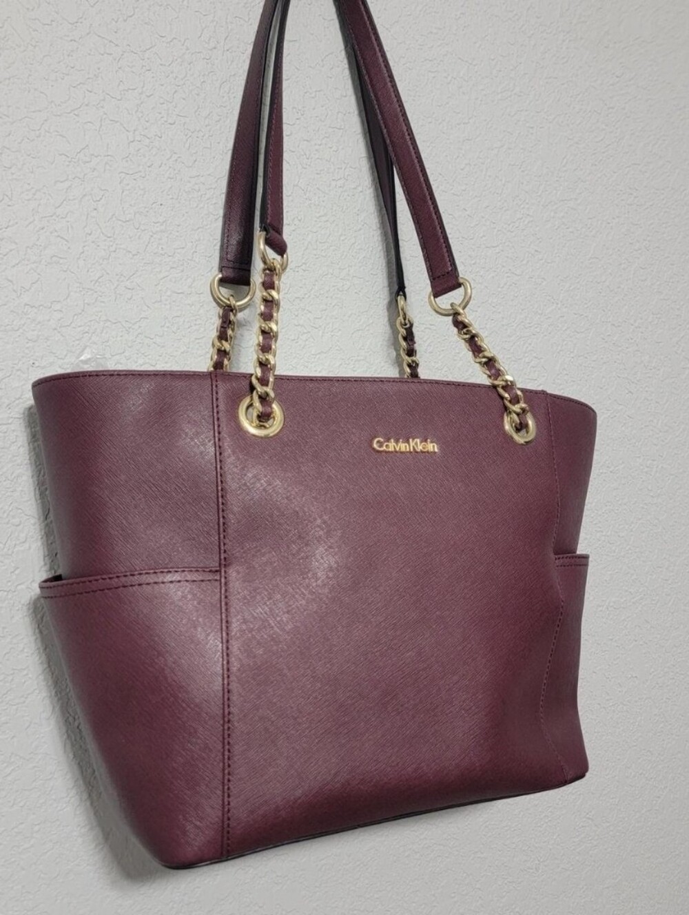 Calvin Klein Wine Leather Tote with Gold Chain Accents